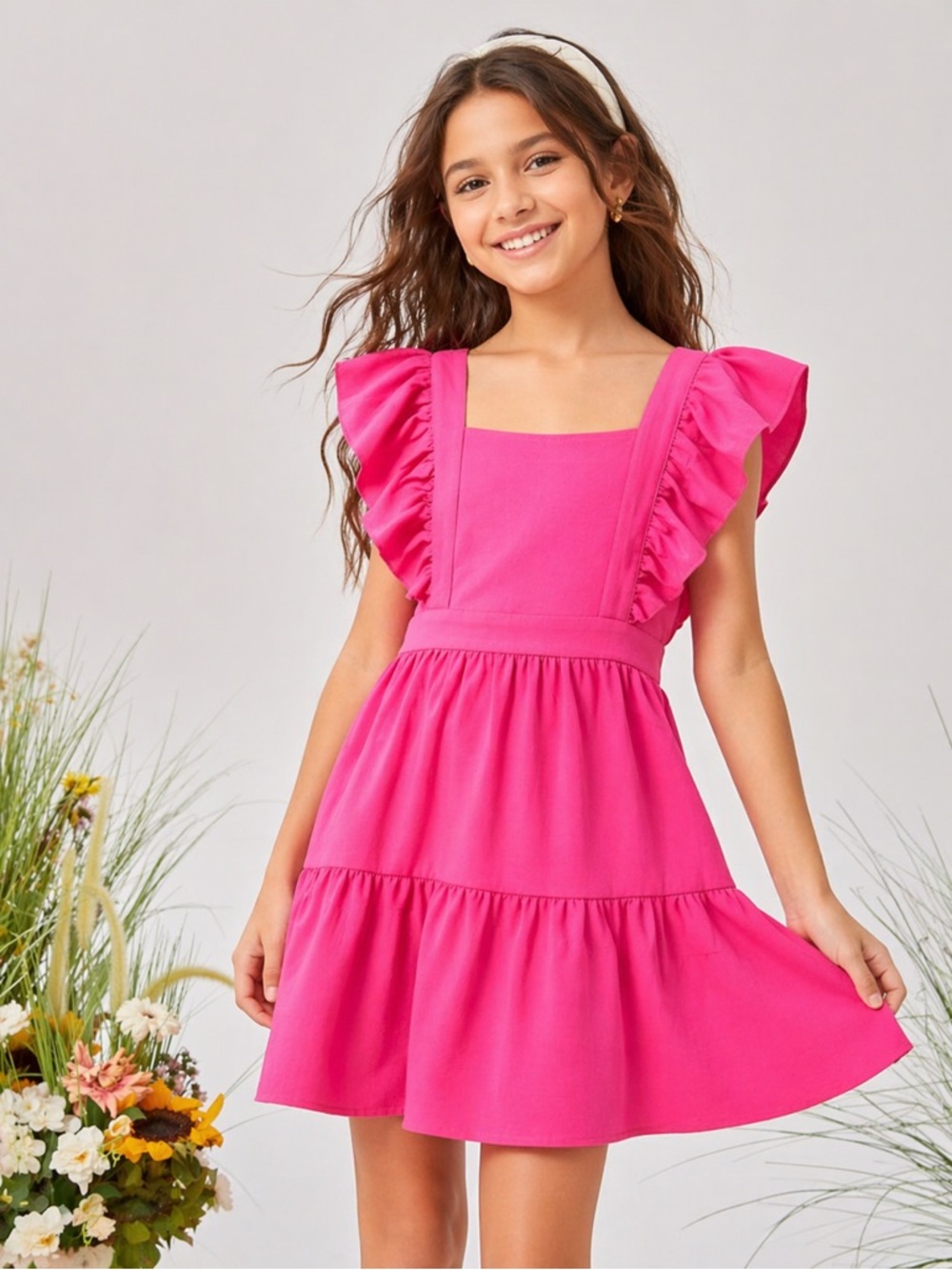 Girls Size 11/12 Pink Ruffle Sleeve Dress w/ Bow Back – Worn Once